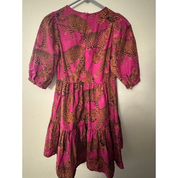 Farm Rio Artsy Leopard tiered mini dress magenta and orange women's XS - Picture 3 of 3